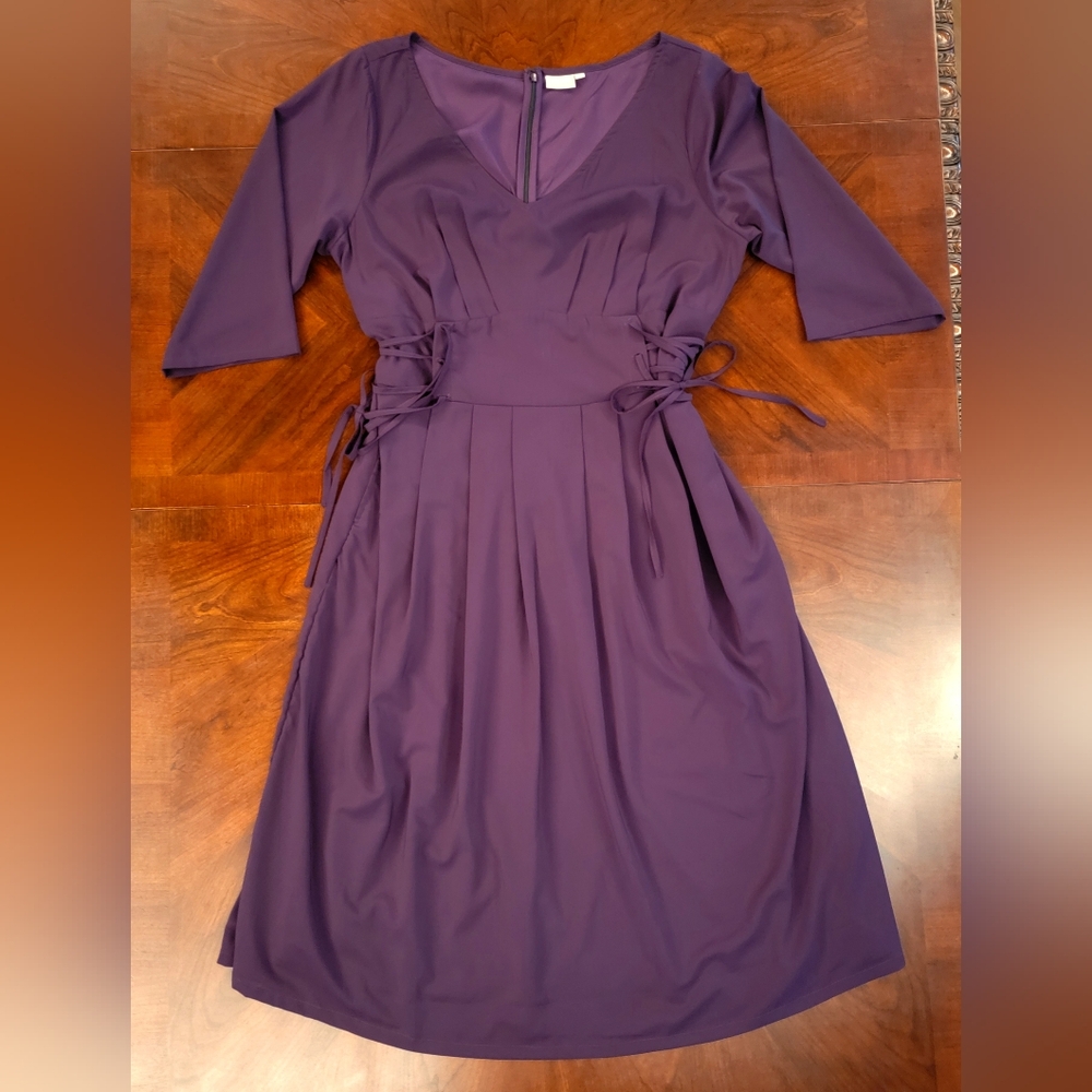 2X/22W eshakti Plum Deep V cut, corset sided, crepe dress